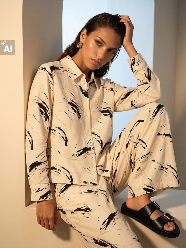Sinsay - Cămașă cu model abstract din viscoză cu amestec de in - multicolor