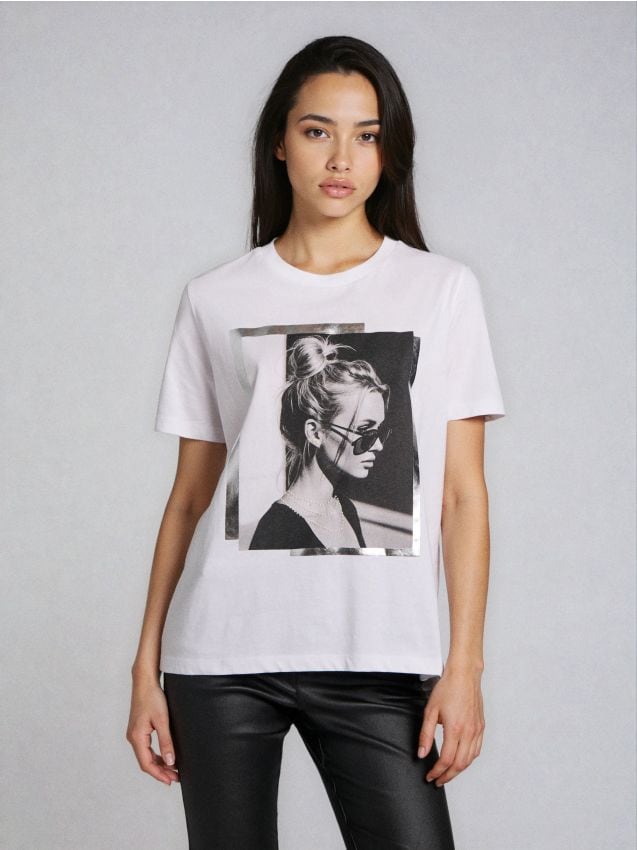 Sinsay - Tricou oversize din bumbac cu imprimeu - alb