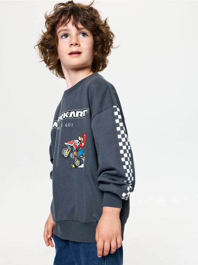 Sinsay - Hanorac din bumbac crewneck cu imprimeu Super Mario - gri-închis