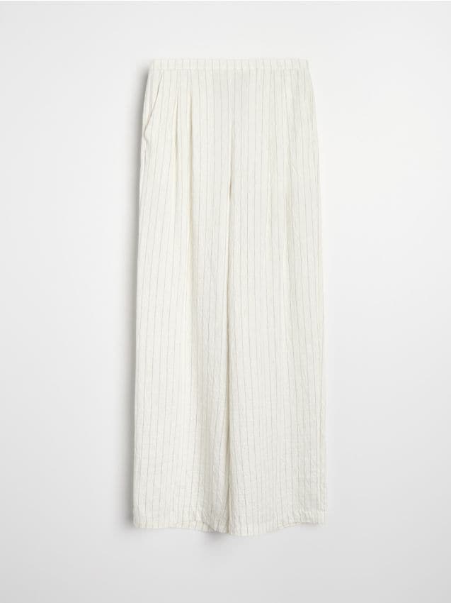 Sinsay - Spodnie wide leg w pionowe paski z wiskozą i domieszką lnu - biały