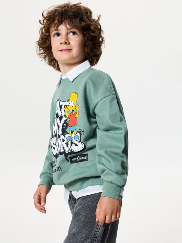 Sinsay - Hanorac din bumbac crewneck cu imprimeu The Simpsons - verde-prăfuit
