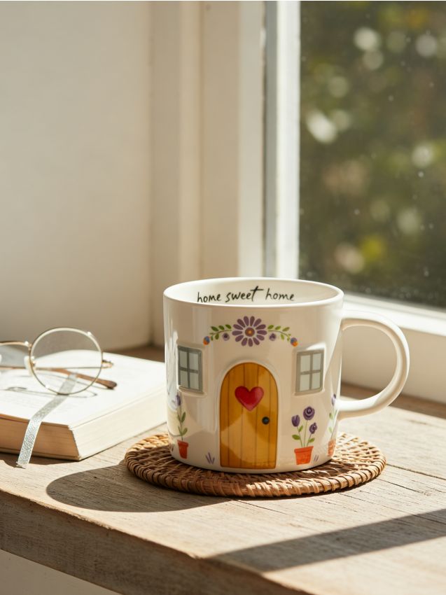 Sinsay - Cană ceramică cu motiv de casă - alb