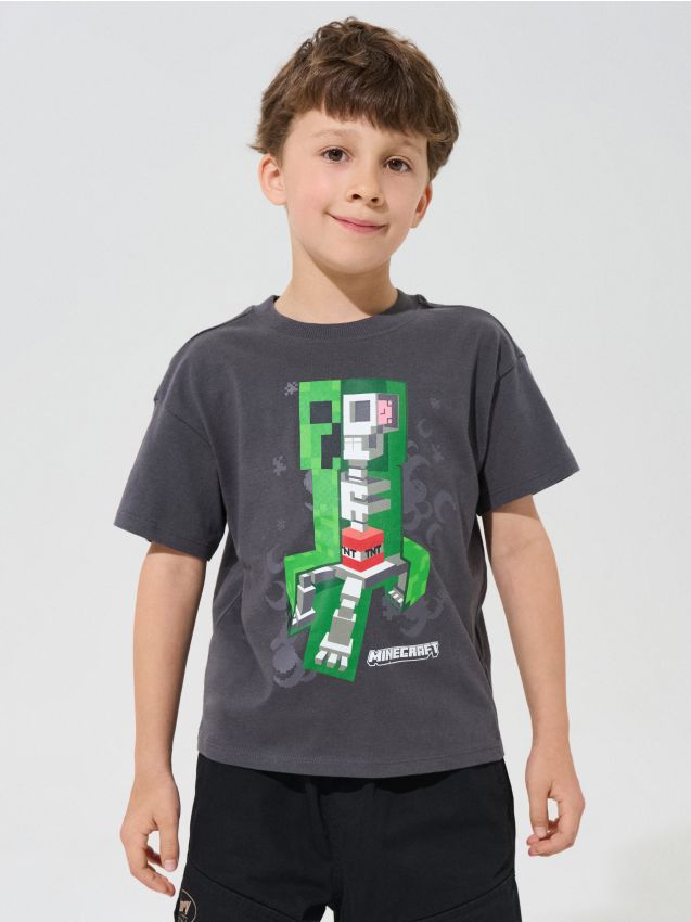 Sinsay - Tricou loose din bumbac cu imprimeu Minecraft - gri-închis
