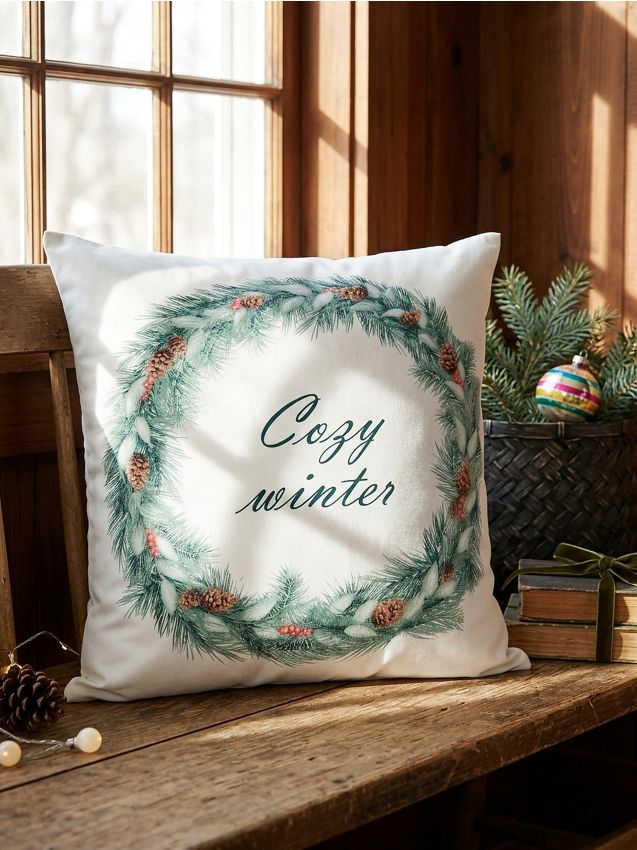 Sinsay - Husă de pernă de iarnă cu motiv de coroniță și inscripție - crem