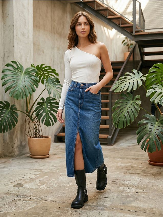 Gonna midi in denim - blu scuro