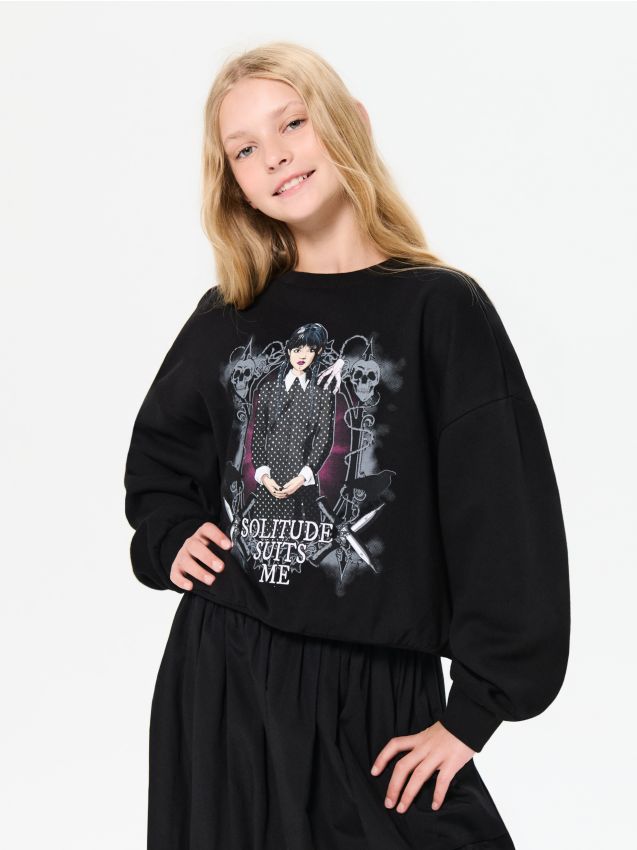 Sinsay - Mikina crewneck Wednesday - čierna