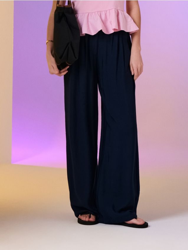 Sinsay - Pantaloni cu picior larg din viscoză - bleumarin