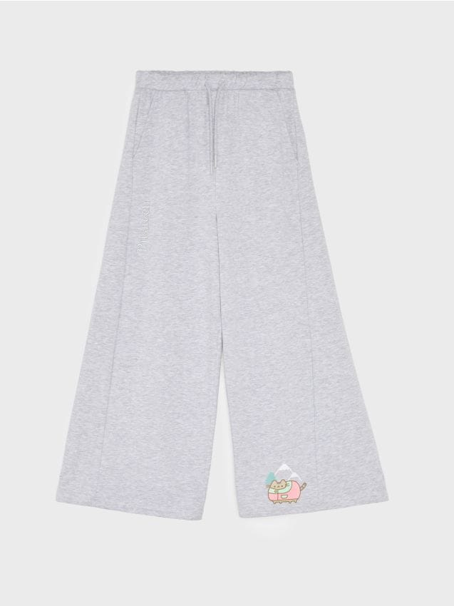 Sinsay - Pantaloni de trening wide leg cu bumbac Pusheen the Cat - gri-neutru