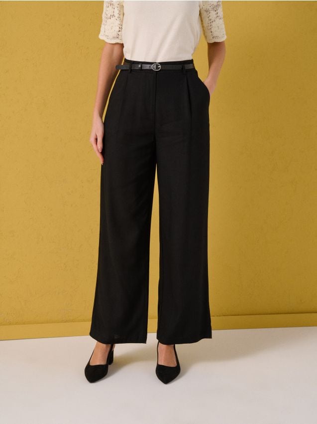 Sinsay - Spodnie wide leg z domieszką lnu - czarny