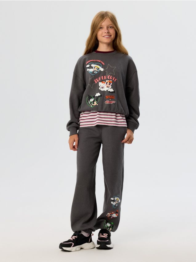 Sinsay - Pantaloni de trening tip jogger Hello Kitty and Friends x Powerpuff Girls - gri-închis