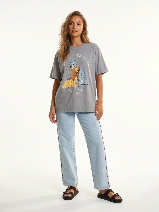 Sinsay - Tricou din bumbac cu efect prespălat și imprimeu Disney - gri deschis