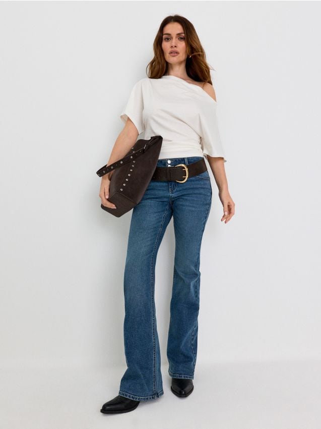 Sinsay - Blugi flare low waist cu efect prespălat - albastru