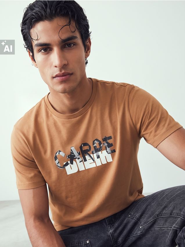Sinsay - Tricou din bumbac cu textul Carpe Diem - brun-auriu