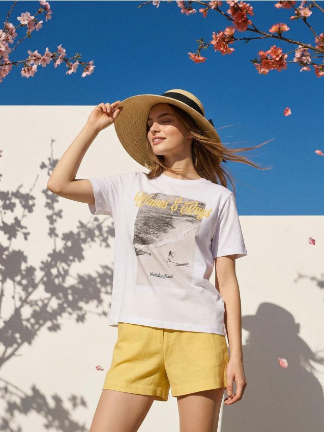 Sinsay - Tricou oversize din bumbac cu imprimeu - alb