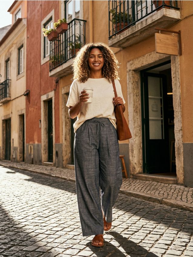 Sinsay - Spodnie wide leg z domieszką lnu - niebieski