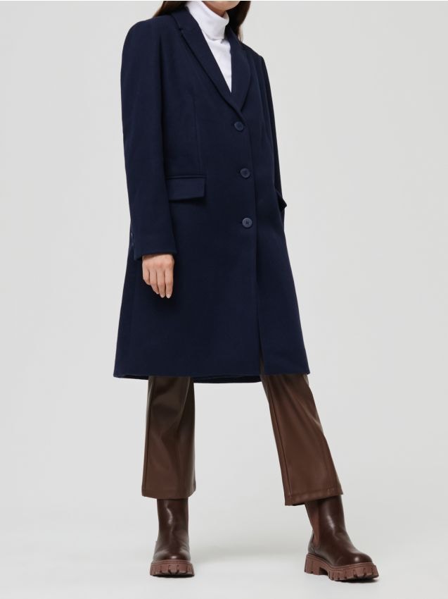 Sinsay - Dlhý kabát s prímesou vlny - tmavomodrá