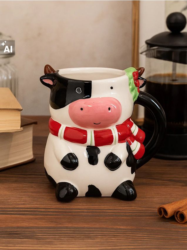 Sinsay - Cană ceramică în formă de vacă cu motiv de Crăciun - multicolor