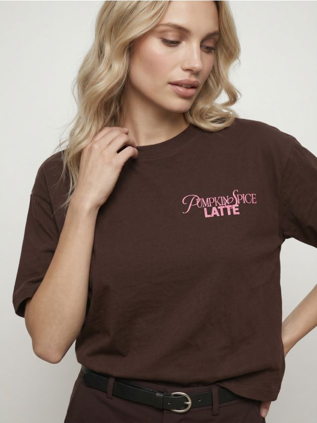 Sinsay - Tricou din bumbac cu inscripție pe spate - maro-închis