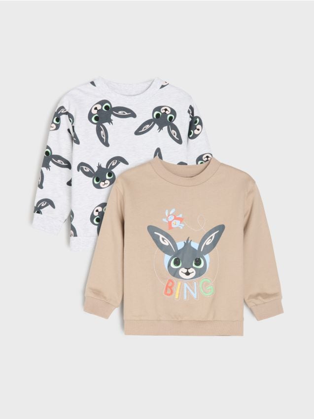 Sinsay - Hanorace crewneck din bumbac cu imprimeu 2 bucăți Bing - gri-maroniu