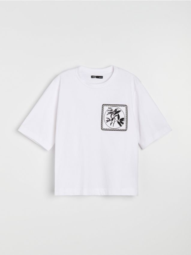 Sinsay - Tricou din bumbac cu broderie - crem