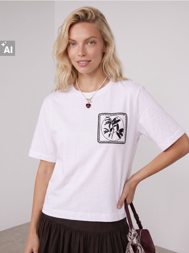 Sinsay - Tricou din bumbac cu broderie - crem