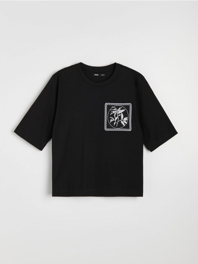 Sinsay - Tricou din bumbac cu broderie - negru