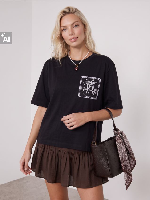 Sinsay - Tricou din bumbac cu broderie - negru