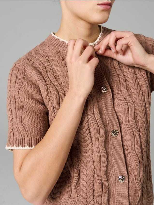 Sinsay - Dzianinowy kardigan z krótkim rękawem - brązowy