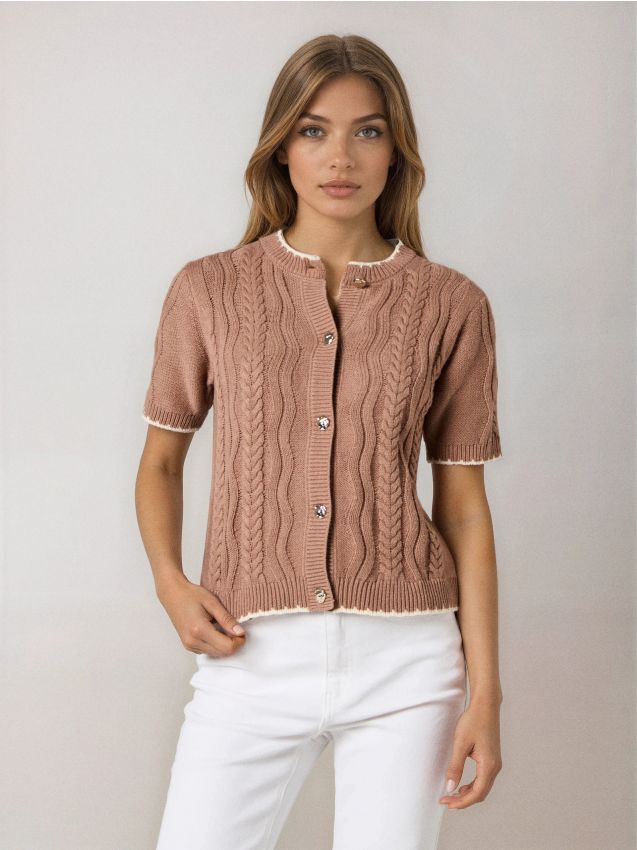 Sinsay - Cardigan tricotat cu mânecă scurtă - cafeniu