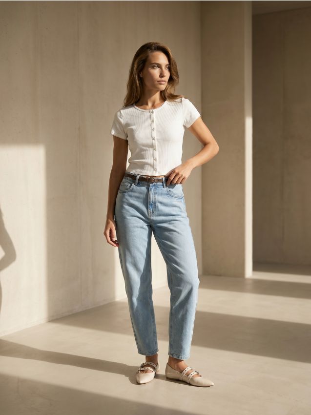 Sinsay - Jeans balloon cu talie înaltă și curea - albastru