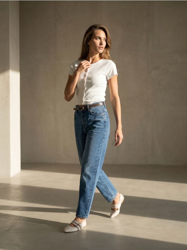 Sinsay - Jeans balloon cu talie înaltă și curea - bleumarin