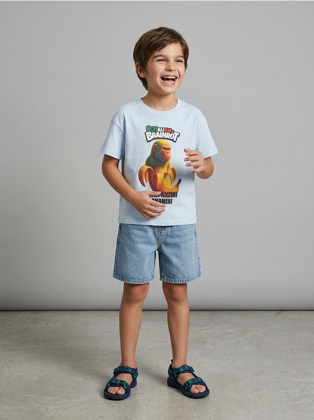 Sinsay - Tricou din bumbac cu imprimeu Italian Brainrot Chimpanzini Bananini - albastru-pal