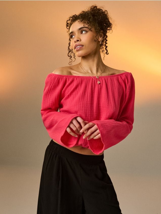 Sinsay - Bluză din muselin cu pliseuri și mâneci evazate - roz-aprins