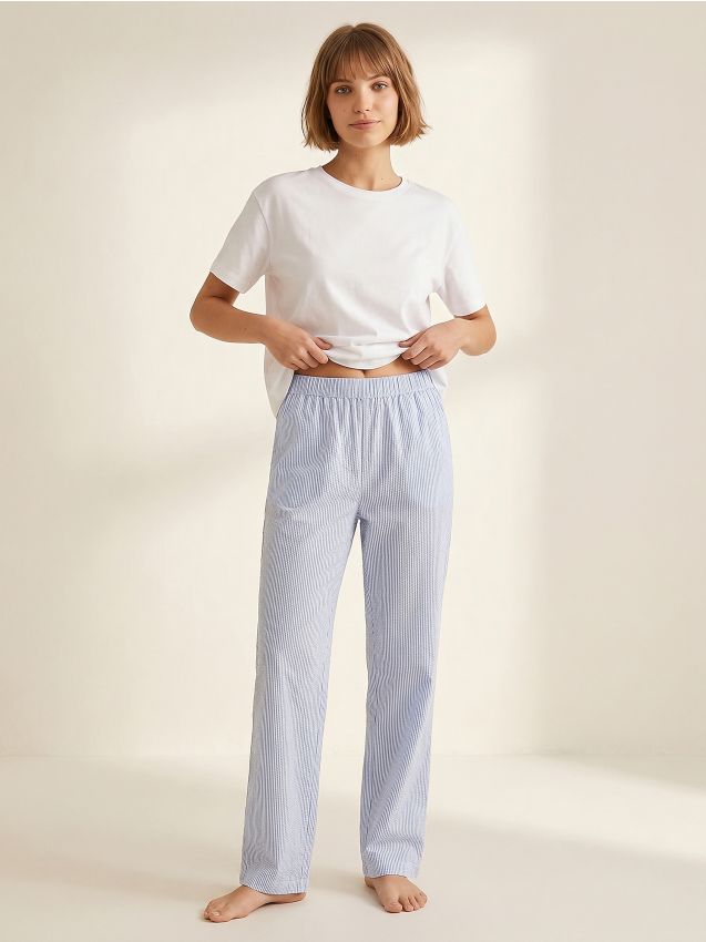 Sinsay - Pantaloni de pijama cu dungi din bumbac - light blue