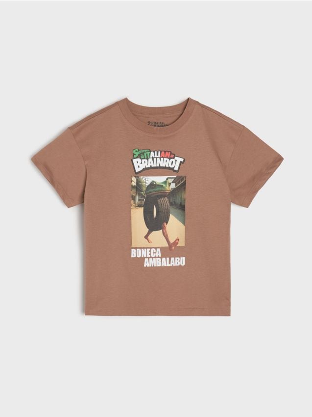 Sinsay - Tricou din bumbac cu imprimeu Italian Brainrot Boneca Ambalabu - cafeniu