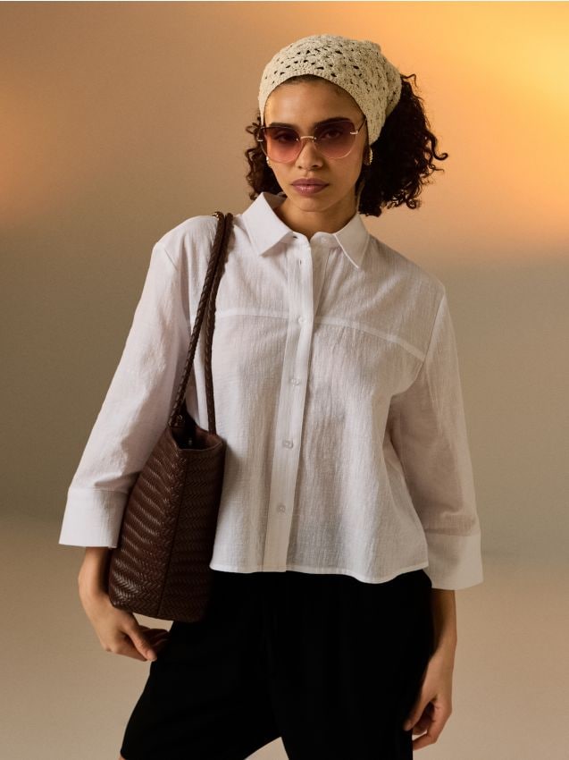 Sinsay - Cămașă din bumbac cu mânecă trei sferturi - alb