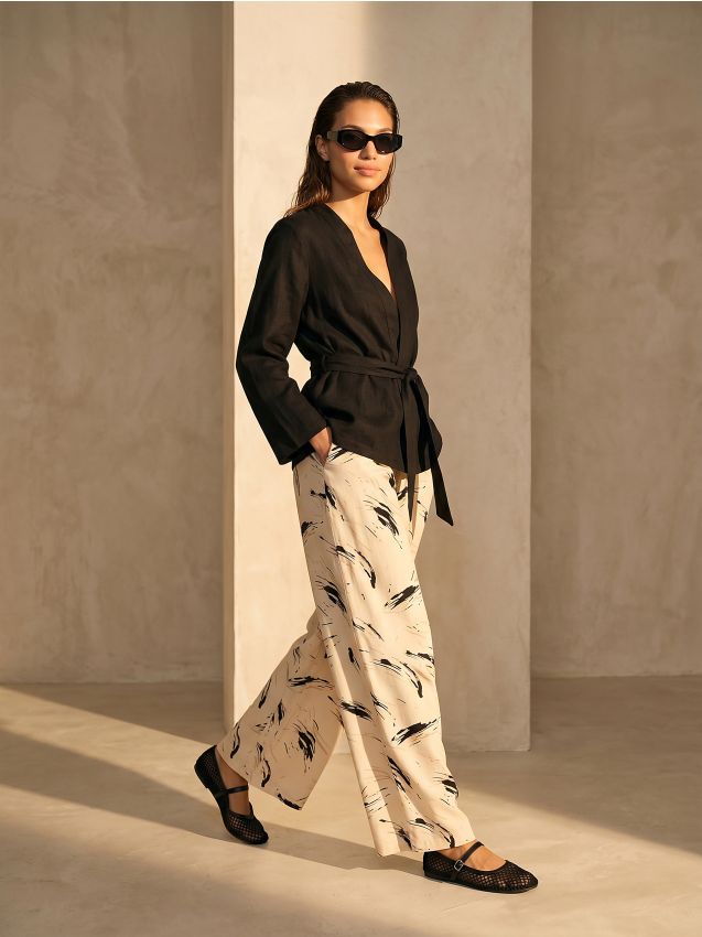 Pantaloni wide leg in viscosa con misto lino e motivo astratto - multicolor