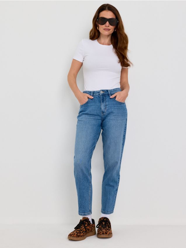 Sinsay - Blugi mom fit comfort din bumbac cu efect prespălat - albastru