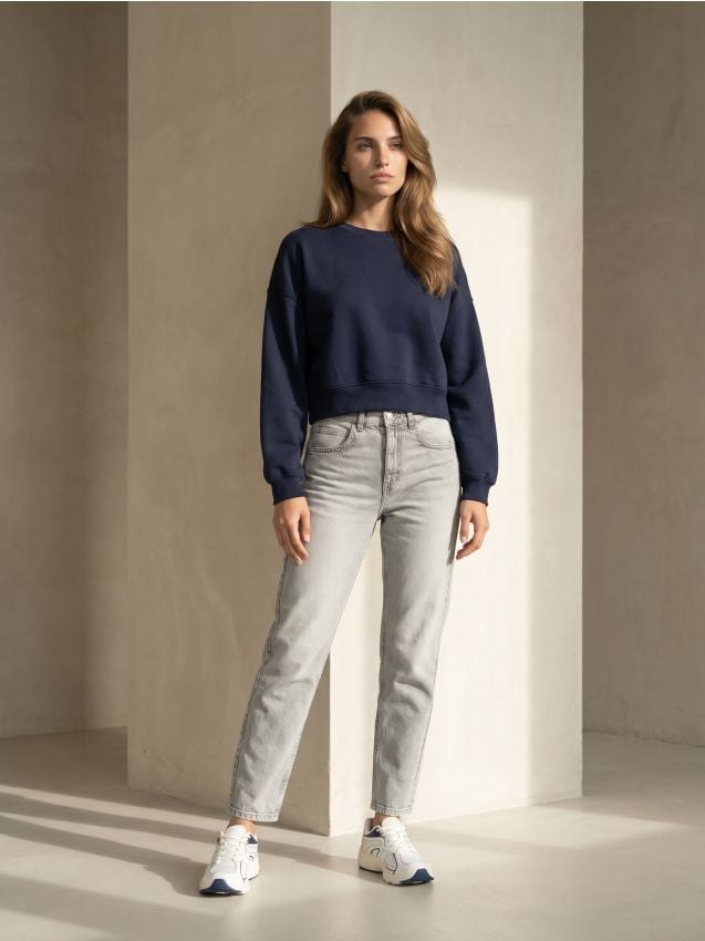 Sinsay - Blugi mom fit comfort din bumbac cu efect prespălat - gri