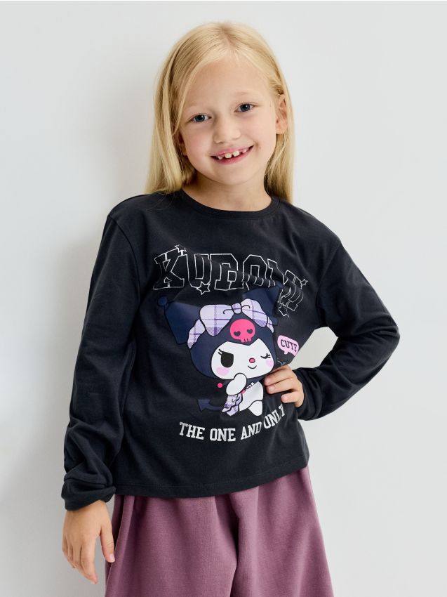 Sinsay - Tricou din bumbac, cu mânecă lungă Kuromi - gri-închis