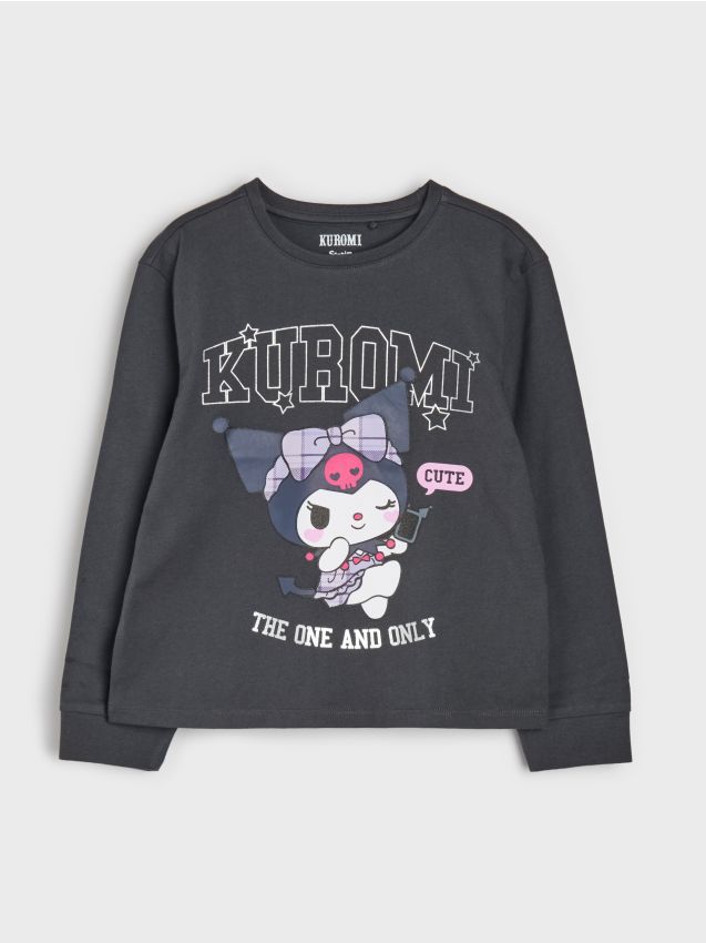 Sinsay - Tricou din bumbac, cu mânecă lungă Kuromi - gri-închis