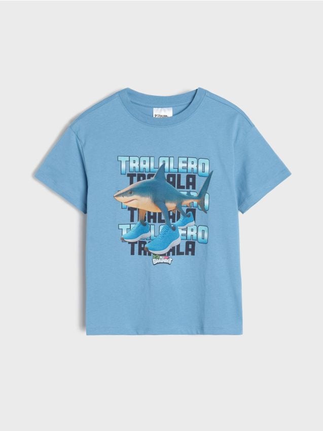 Sinsay - Tricou din bumbac cu imprimeu Italian Brainrot Tralalero Tralala - albastru