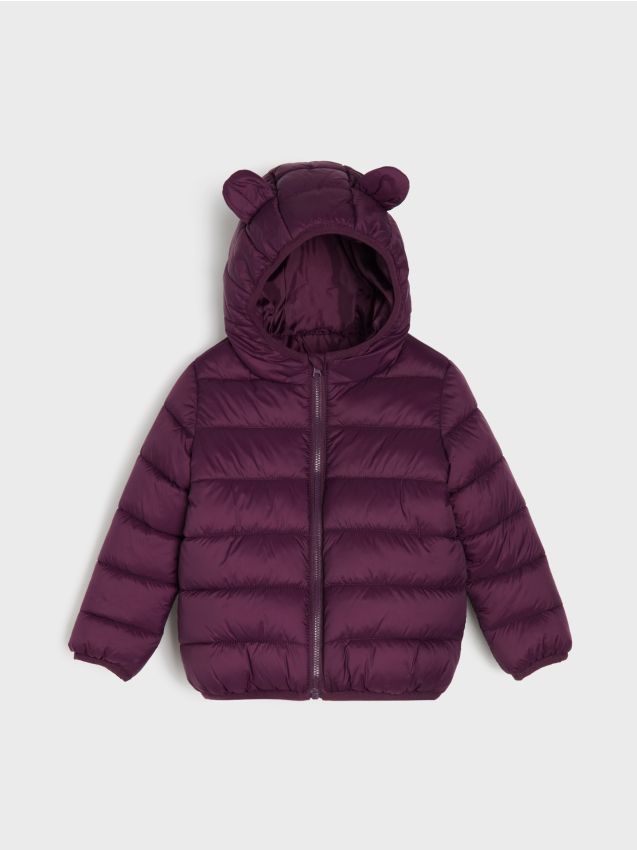 Sinsay - Pikowana kurtka puffer z kapturem z elementami 3D - bordowy