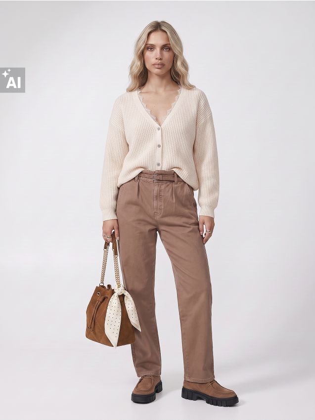 Sinsay - Blugi paperbag cu curea - bej