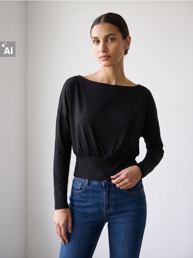 Sinsay - Tricou cu amestec de vâscoză - negru