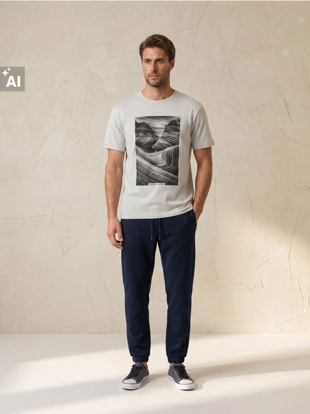Sinsay - Tricou comfort din bumbac cu motiv peisagistic - nude