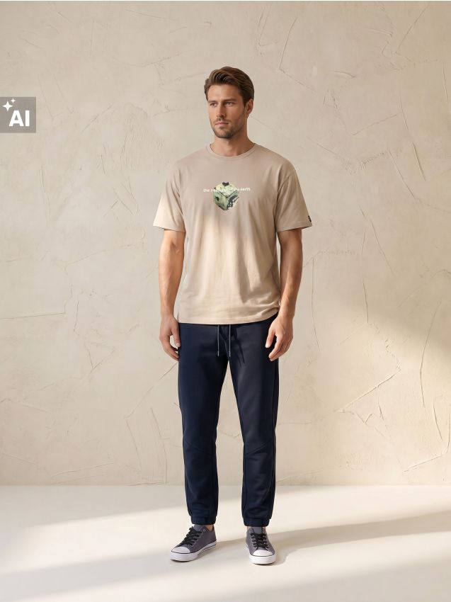 Sinsay - Tricou comfort din bumbac cu imprimeu - bej