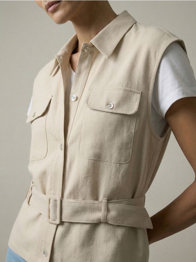 Sinsay - Koszula bez rękawów z wiskozą i domieszką lnu - beżowy