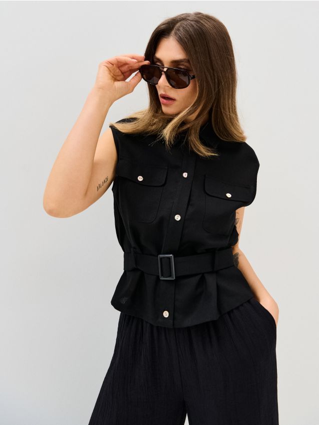 Sinsay - Cămașă fără mâneci cu vâscoză și amestec de in - negru