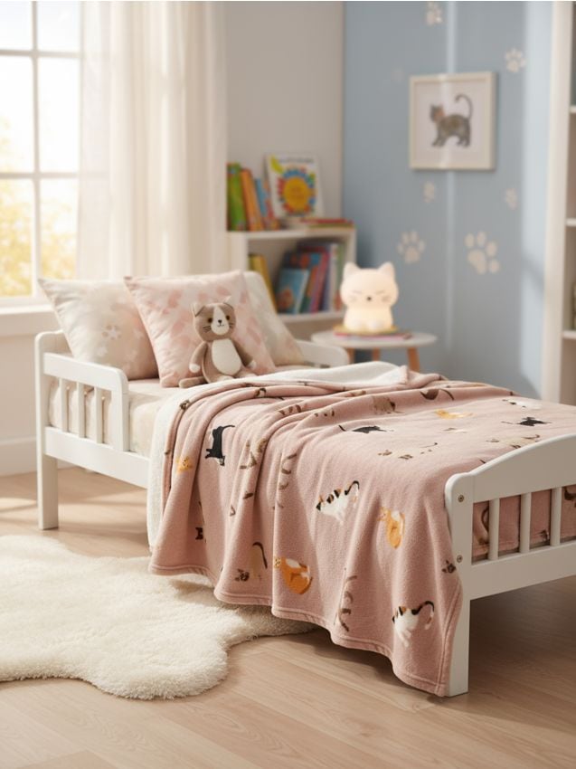 Sinsay - Pătură cu imprimeu cu pisicuțe - roz-pudră